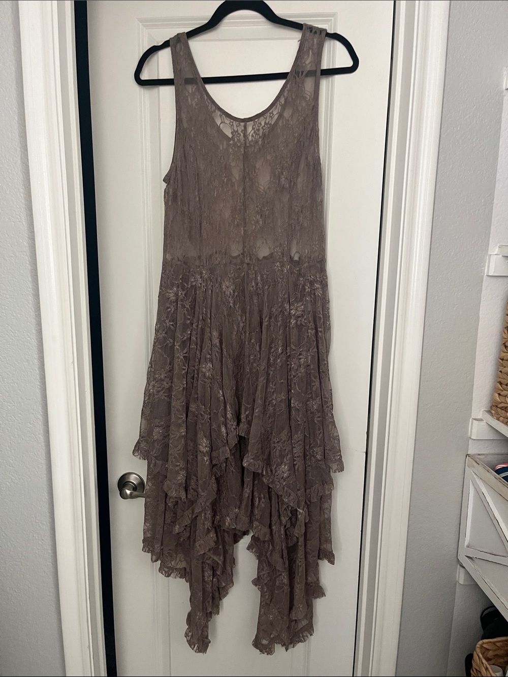 easel Taupe Lace Asymmetrical Handkerchief Hem Dress